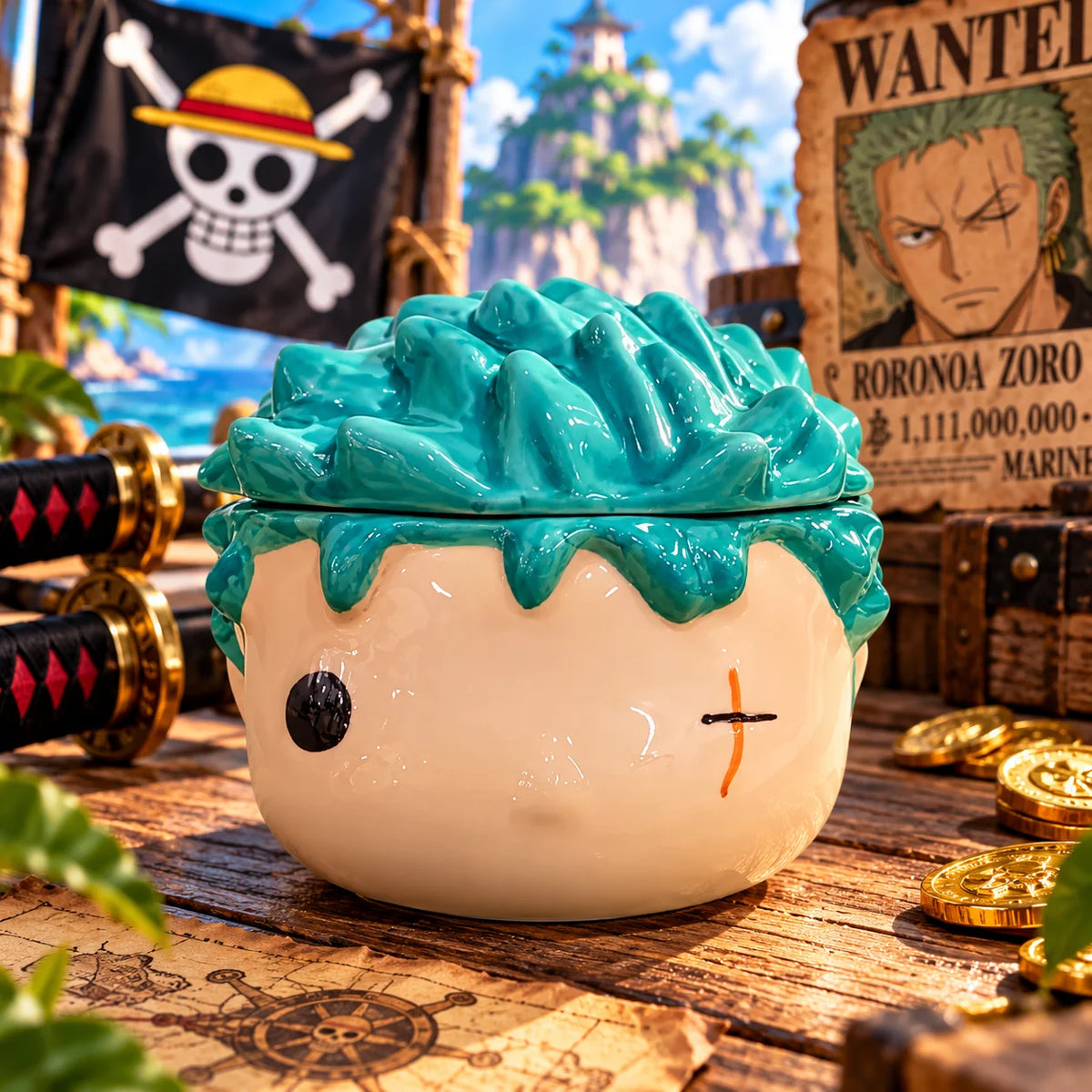 aza 3D Anime – Diseño Chibi Zoro con Cabello Turquesa