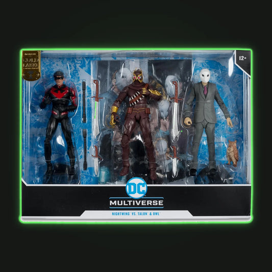 Figura McFarlane Toys - DC Multiverse Nightwing vs Talon & Owl 7in Figura 3pk Etiqueta de Oro