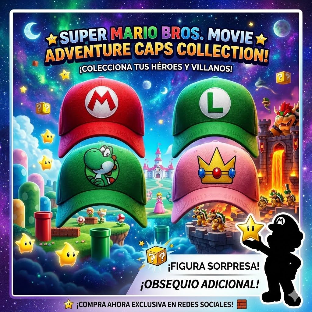 Pack X 4 Gorras Mario Bros, Luigi, Peach & Yoshi Obsequio Figura Sopresa - Comics Store Colombia