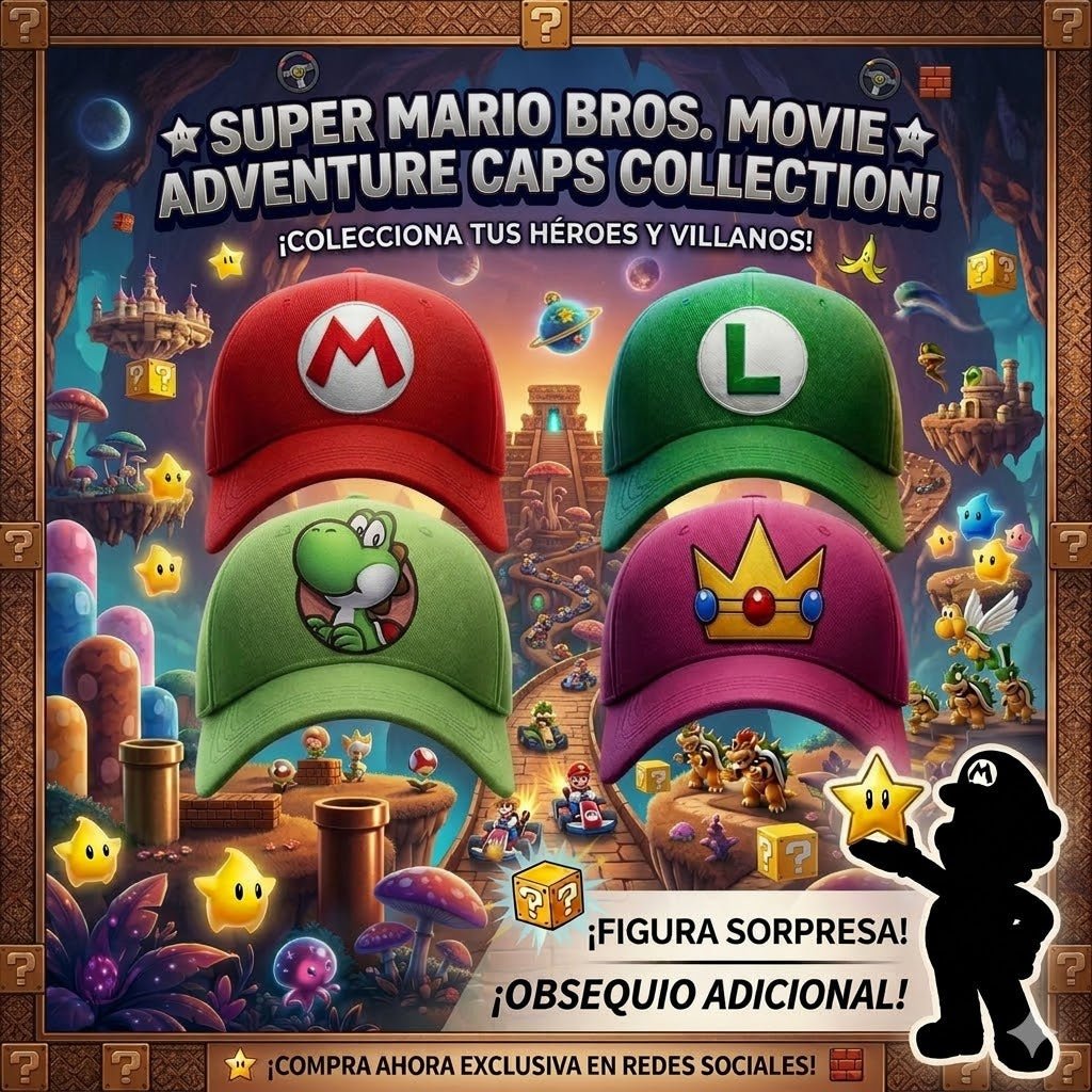 Pack X 4 Gorras Mario Bros, Luigi, Peach & Yoshi Obsequio Figura Sopresa - Comics Store Colombia