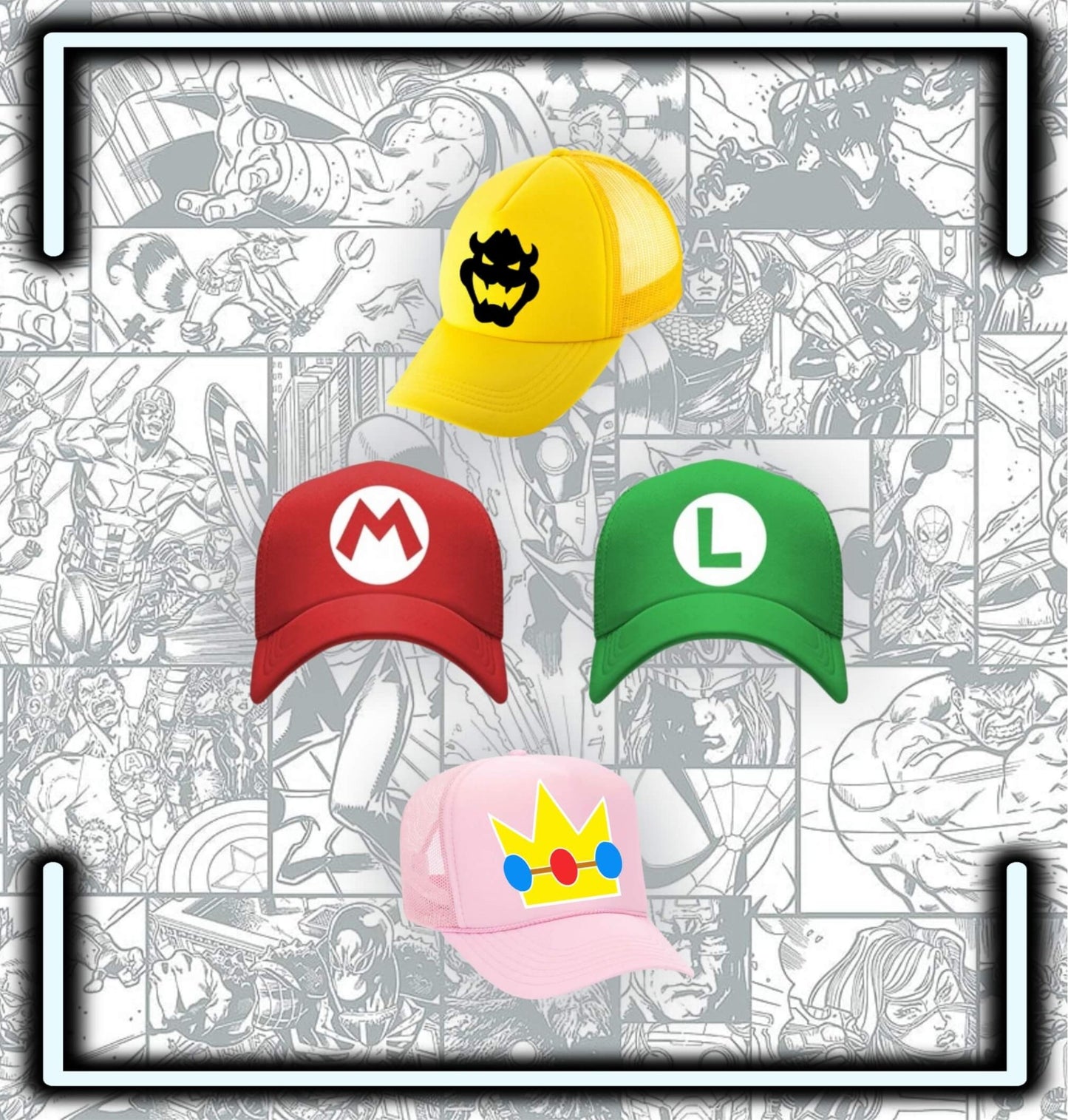 Pack Gorras Mario Bros, Luigi, Peach & Bowser - Comics Store Colombia